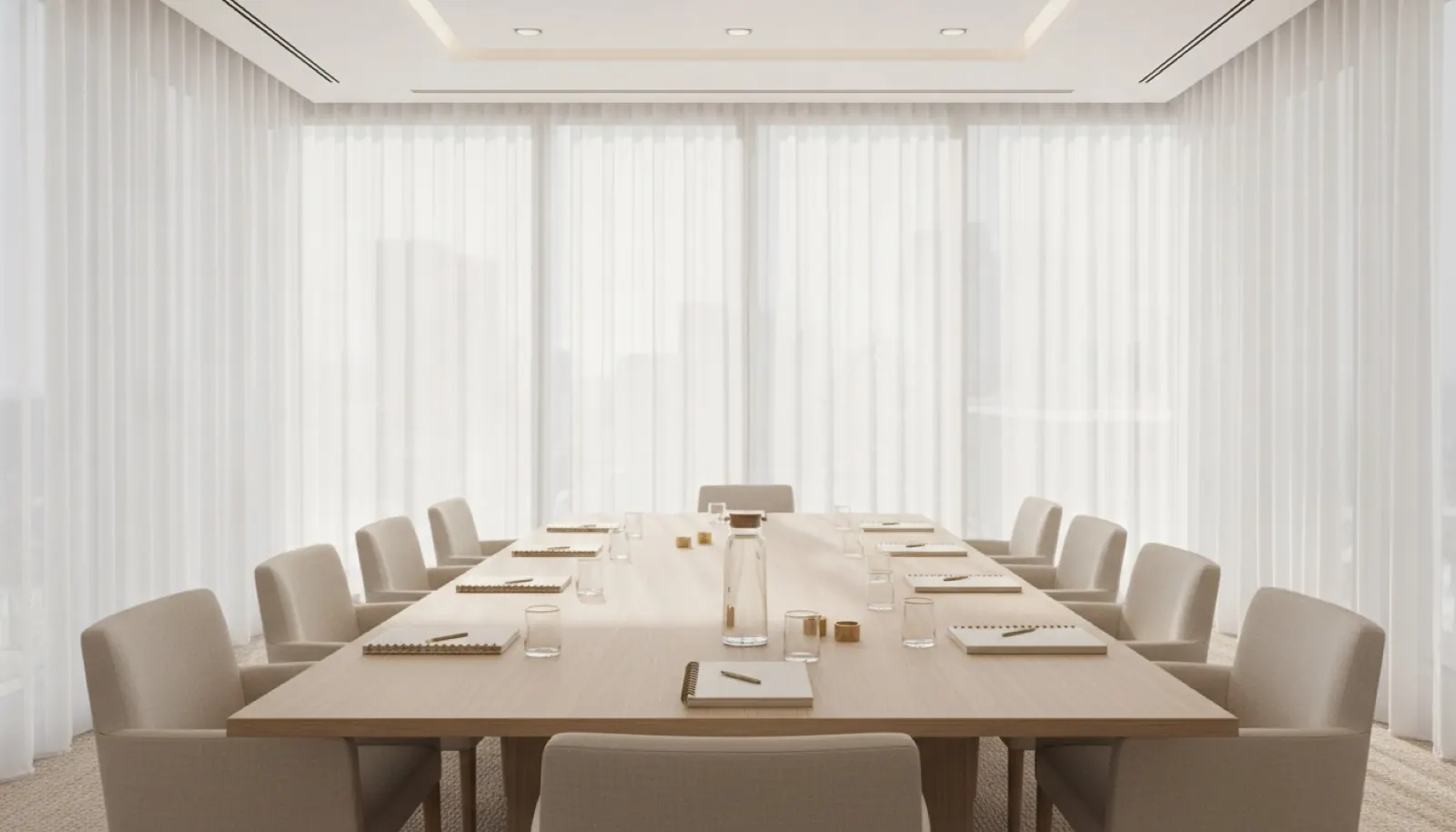 Bright sunlit boardroom with a long light-oak table and floor-to-ceiling windows